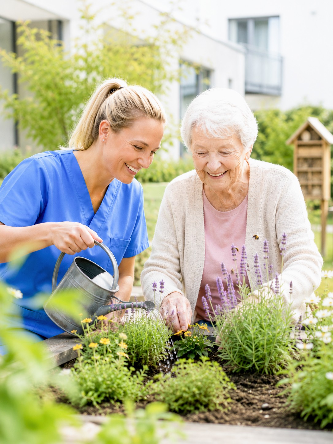 Pflegerin und Seniorin bei der Gartenarbeit